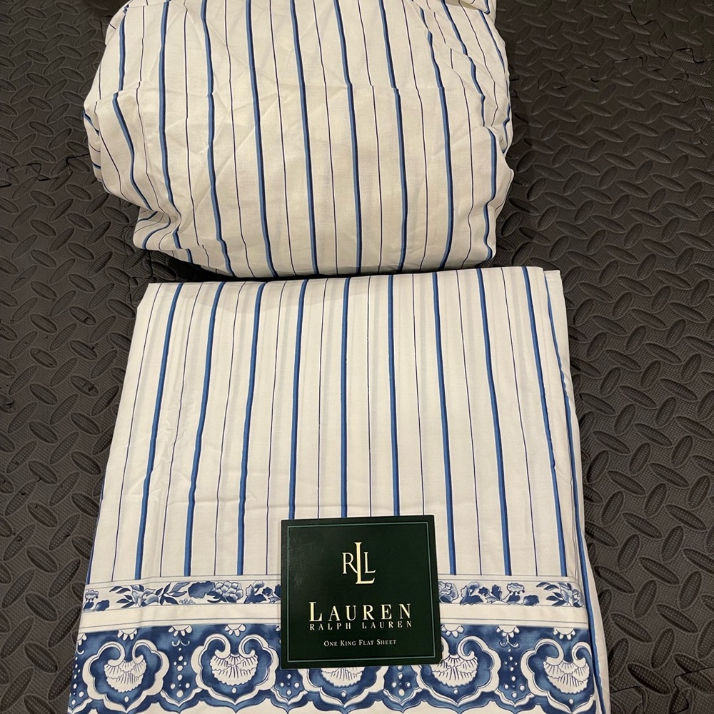 Ralph Lauren PORCELAIN Blue KING FLAT SHEET JONQUIL Queen Fitted Tamarind White